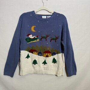 Bobbie Brooks Santa Sleigh Reindeer Embroidered Christmas Sweater – Ladies L